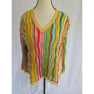 Essentials By Milano‎ XL Colorful Striped Crochet Trim Tunic Top Blouse